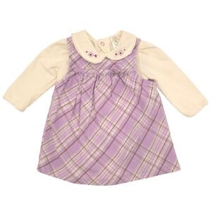 First Moments Plaid Bodysuit Dress Kids Purple Embroidered Peter Pan Collar 0-3M